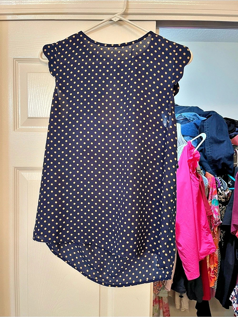 PaperMoon Polka Dot Flutter Sleeve Top in Blue & Yellow Size Small